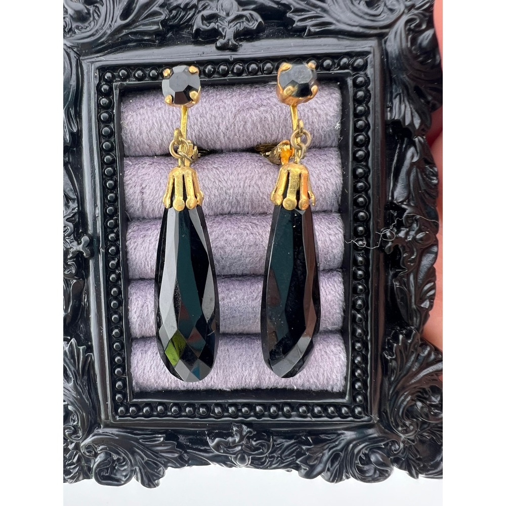 Vintage Germany Black Faceted Teardrop Dangle Clip On Earrings 2 Inch